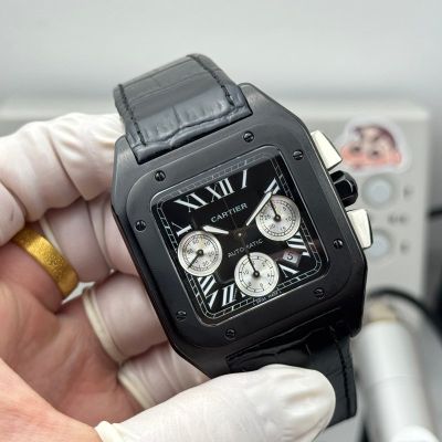 Santos De Cartier WSSA0017 7750 Movement Black Leather Strap Watch